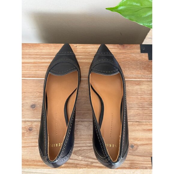 AERIN Pythian Black Genuine Leather Brogue Pointy Toe Kitten Heels  Pumps Size 9 - Picture 10 of 14